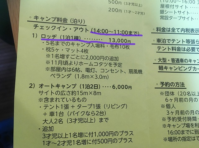 一里松キャンプ場の料金表 一里松キャンプ場の料金表