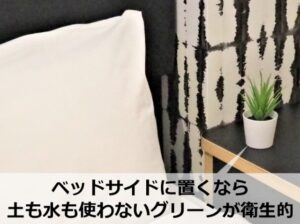 寝室のベッドサイドに置いたフェイクグリーン