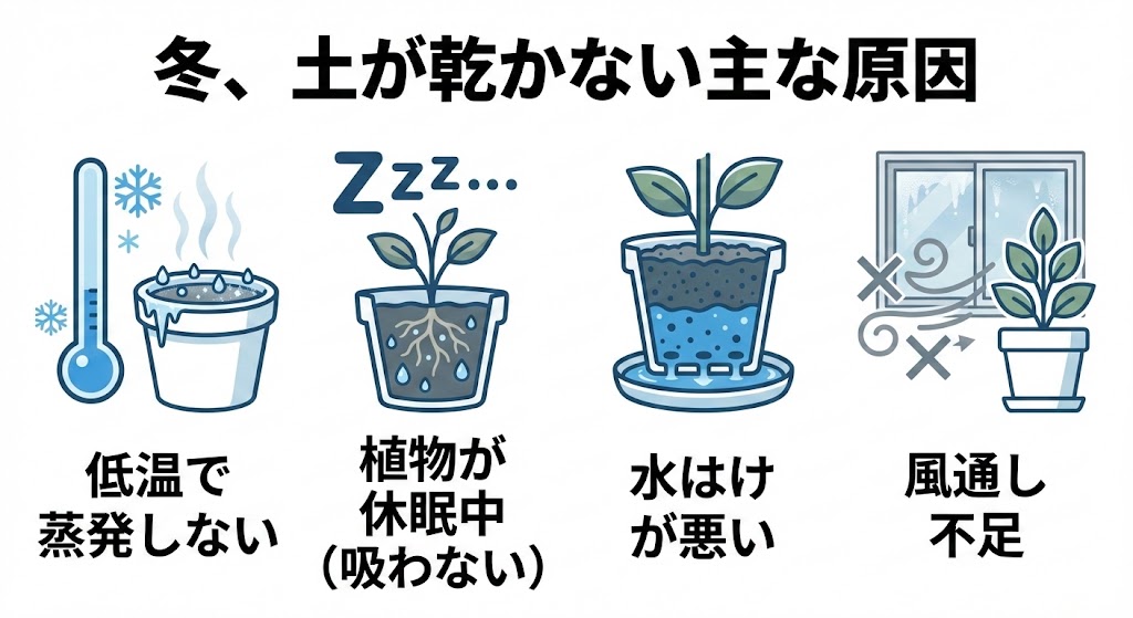 冬に観葉植物の土が乾きにくい理由