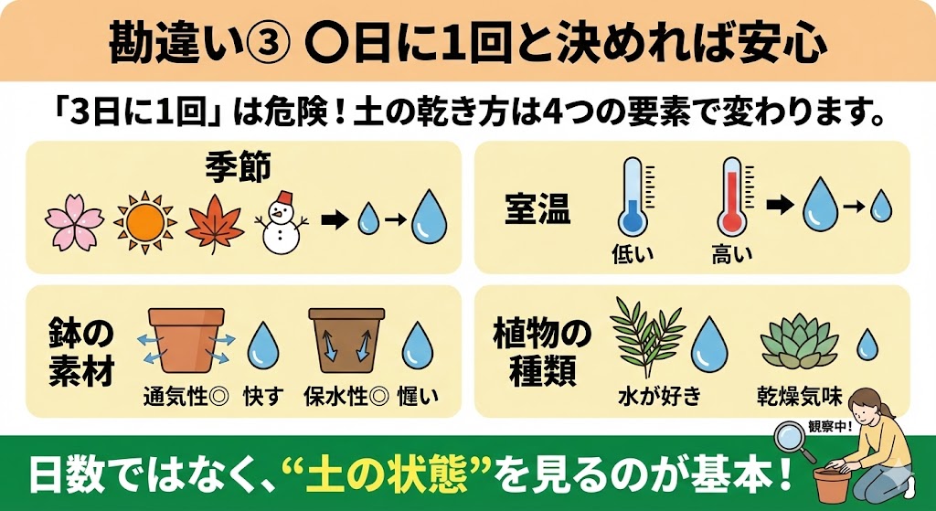 水やりを固定日数で決めないことを示す図