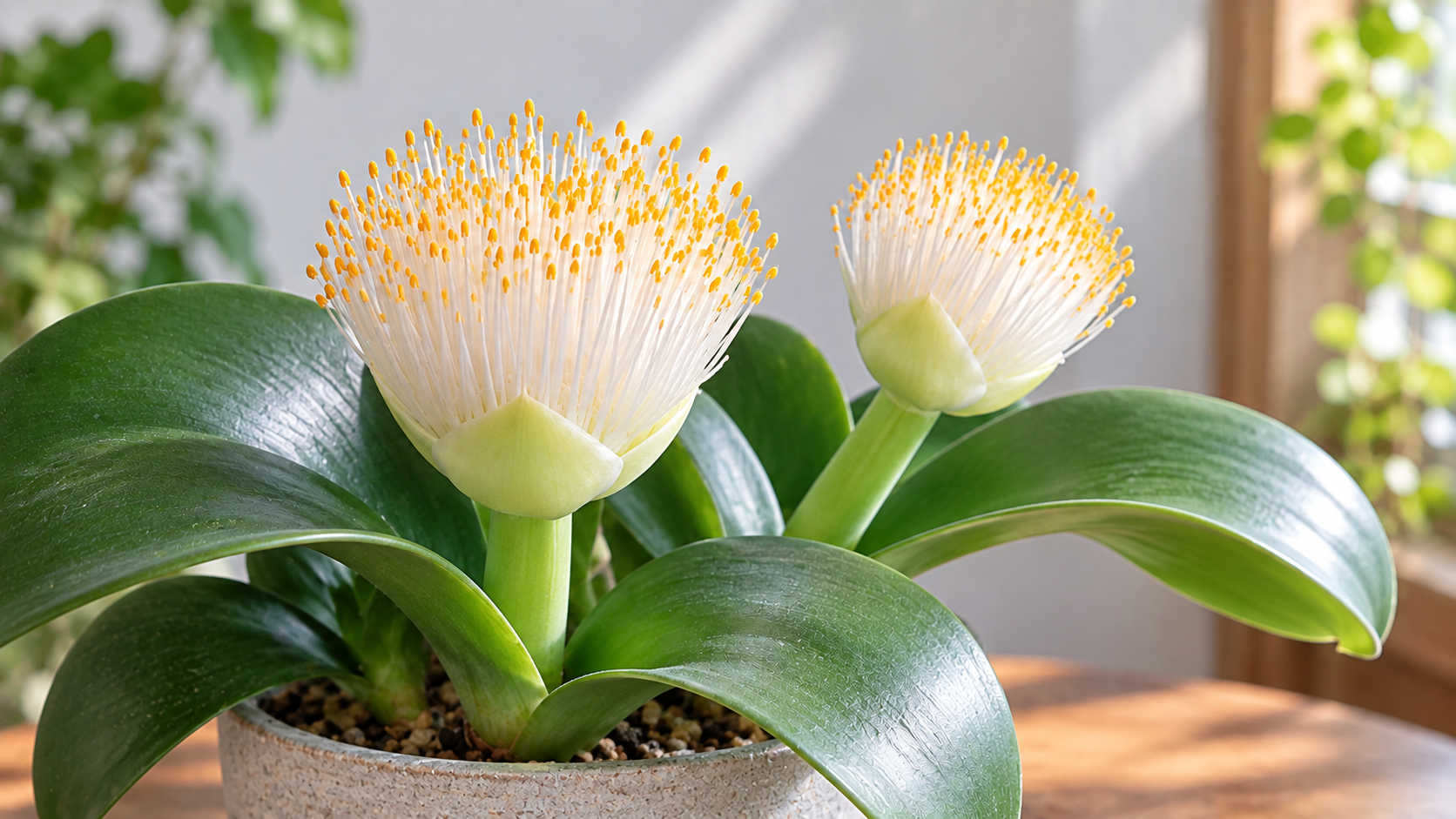 白い刷毛のような花が咲いたマユハケオモト